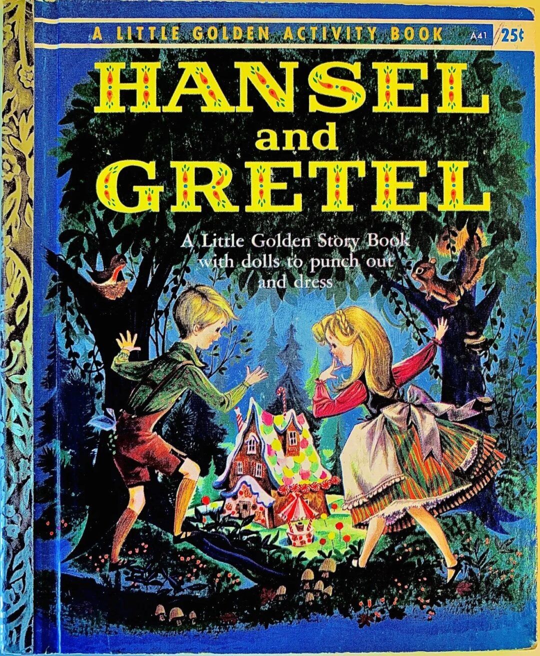 Cover of "Hansel and Gretel," a Little Golden Activity Book. The illustration shows Hansel and Gretel in a forest clearing, facing a gingerbread house decorated with candies and sweets, set against a dark, enchanted background.