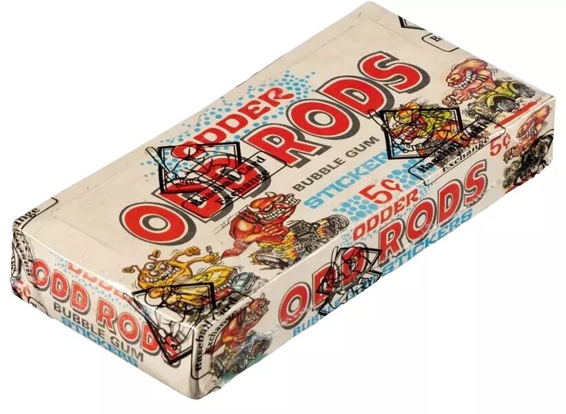 A vintage box of Odd Rods bubble gum featuring colorful, cartoonish hot rod illustrations. The packaging advertises gum and stickers for six cents, with a playful and retro design highlighting the product's adventurous theme.