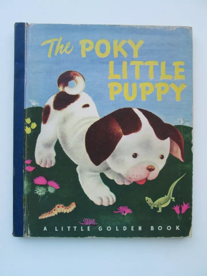 Cover of "The Poky Little Puppy," a Little Golden Book. It features an illustration of a white and brown puppy playfully walking on grass, surrounded by flowers and small animals. The title is in large yellow letters at the top.