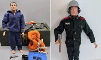 Two action figures: left wears a navy uniform with accessories including an orange life vest and black mask, standing near a green box; right wears a military outfit with helmet and holds a grenade. Both have pistols nearby.