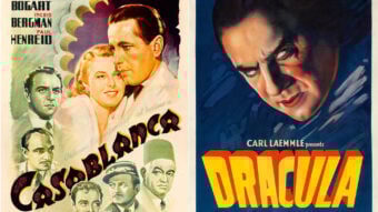 Split movie poster featuring "Casablanca" on the left with a romantic couple and additional characters, and "Dracula" on the right showing a man with an intense gaze. Vintage style with bold titles.