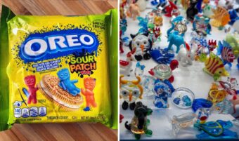 Left side: Limited edition Oreo Sour Patch Kids sandwich cookies package with colorful design. Right side: Various small glass animal figurines, including fish, birds, and more on display.
