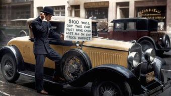 A man in a suit and bowler hat leans on a vintage car, holding a sign that reads, "$100. Will buy this car. Must have cash, lost all on the stock market." Other vintage cars are parked on the street behind him.