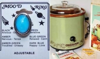 Left: A mood ring on a card with color meanings, such as blue for calm and green for relaxed. Right: A vintage Rival Crock-Pot slow-cooker with a cookbook and various brochures beside it.