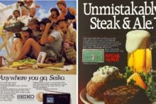 Left side: A group of excited tourists with cameras and binoculars. Seiko ad text below. Right side: A steaming steak with peas, potato, and frothy beer. Steak & Ale ad text above.