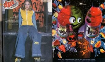 Split image: On the left, a young woman in baggy jeans and a hoodie sits by graffiti. On the right, animated fruit characters pose beside colorful bottles of Frutopia with fruit and juice splashing around.