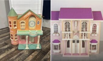 The image shows two dollhouses side by side. The left one has orange, green, and pink accents with a turret. The right one is pink and white with purple roofs and multiple windows, featuring "B" monograms on the front. Both are placed on a wooden floor.