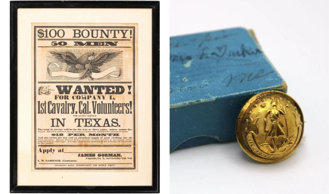 Left: Framed historical recruitment poster for 1st Cavalry, California Volunteers in Texas, offering a $100 bounty. Right: Close-up of a gold button with an eagle emblem resting on a blue textured surface.