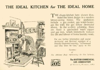 A vintage ad shows a woman using an all-gas kitchen with an oven and kettle. The room has shelves, cupboards, and various gas-powered appliances, promoting the efficiency of gas kitchens for modern homes.