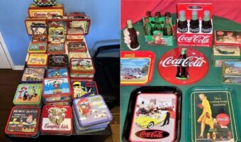 A collection of vintage metal lunchboxes with cartoon and pop culture designs is displayed on the left; on the right are Coca-Cola themed trays, bottles, and memorabilia arranged on a red tablecloth.