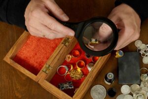 A person examines a gold ring with a magnifying glass above an open wooden box containing various rings and jewelry, with coins and other valuables scattered nearby on a wooden table.