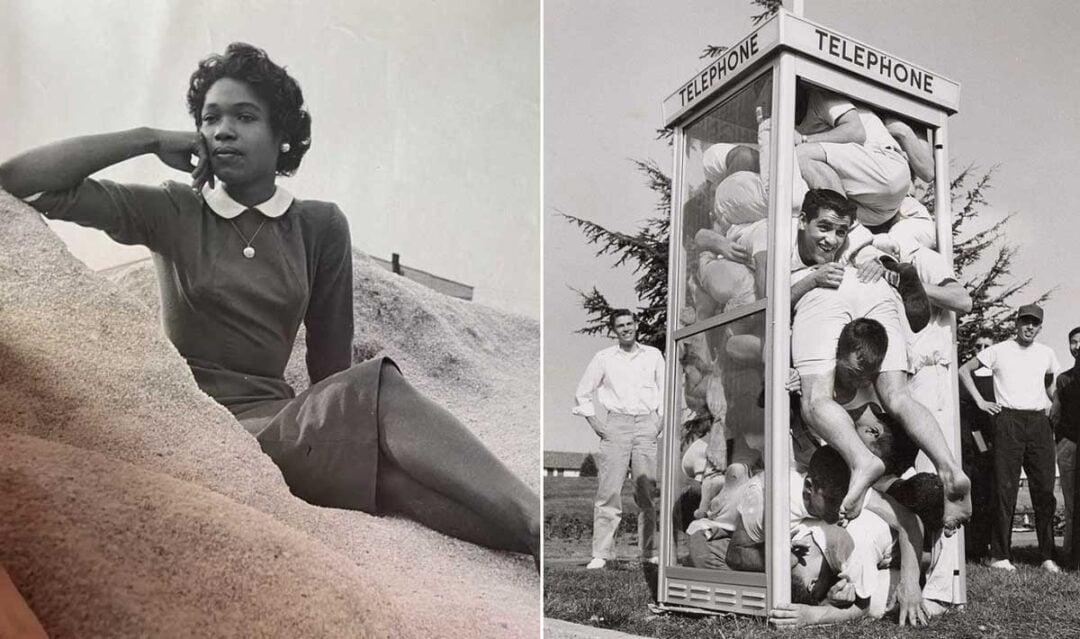 Split image: On the left, a woman in a dress sits on a sandy hill, posed thoughtfully. On the right, several people are crowded inside a phone booth while others watch and smile outside.