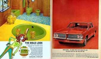 Split-image: Left side shows a vintage green bathroom with floral tiles and an illustrated woman; right side features a red classic car with text describing its features. Both ads have a retro, 1960s style.