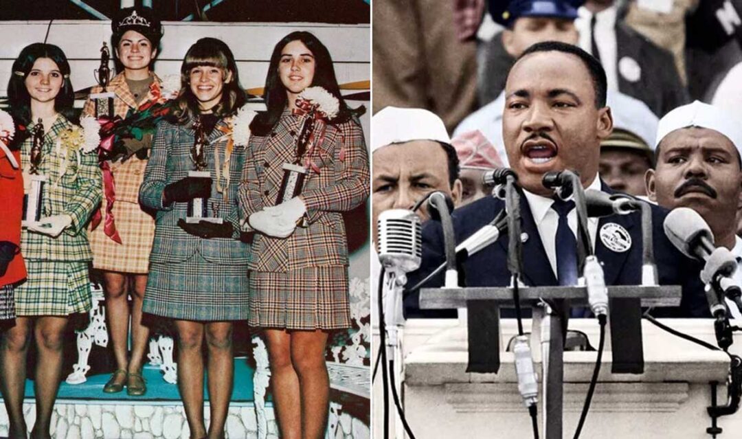 Split image: On the left, four young women in plaid dresses stand on a podium holding trophies at a pageant. On the right, Martin Luther King Jr. speaks passionately at a podium surrounded by microphones and people.