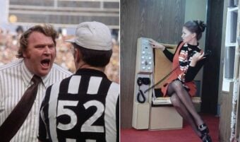 Split image: On the left, a man angrily yells at a football referee wearing a jersey with the number 52. On the right, a woman in a patterned dress talks on a corded phone in a retro phone booth.