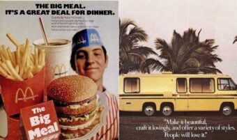 Split image: Left side shows a McDonald's meal with fries, a drink, and a double burger, and a smiling employee in uniform. Right side shows a yellow RV parked by palm trees with the caption, "Make it beautiful... People will love it.