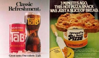 On the left, a can and a glass of Tab soda with ice and condensation. On the right, a slice of bread with pizza spread is held above an open container labeled "Spread&rsquo;n Heat Pizza.