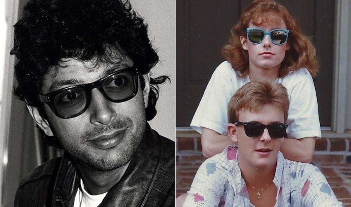 Split image: Left side shows a man with curly dark hair, wearing large dark glasses and a leather jacket. Right side shows a woman in sunglasses resting her arms on a man’s shoulders, both wearing sunglasses and casual clothes.