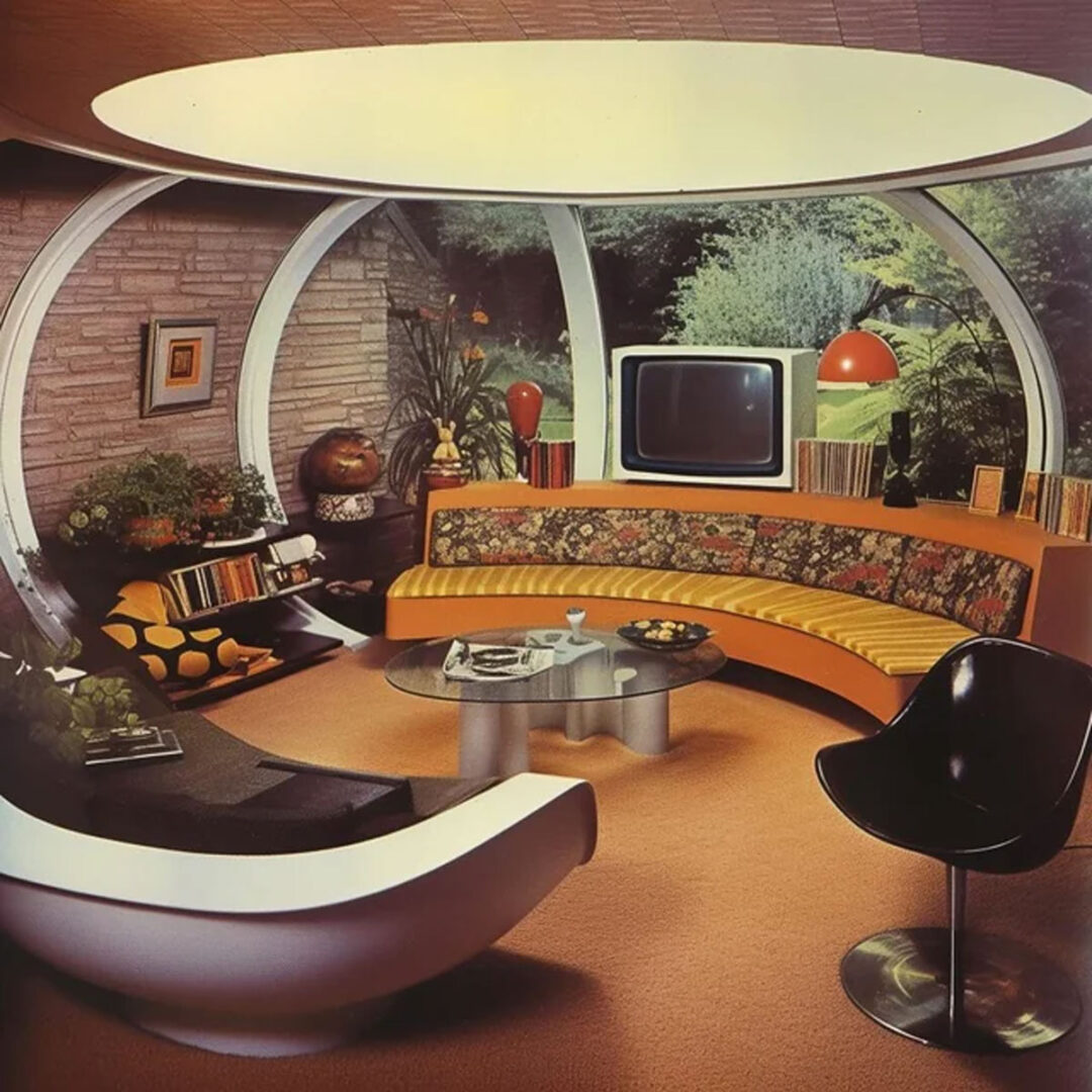 A retro-futuristic living room with curved glass walls, a round floral sofa, a vintage TV, bright yellow and orange accents, a modern black chair, and a garden visible outside. Decor includes books and plants.