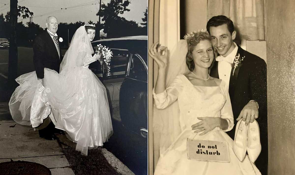 Split image: On the left, a bride in a white gown and veil is helped into a car by a man in a tuxedo. On the right, a smiling bride and groom pose, the bride holding a “do not disturb” sign.