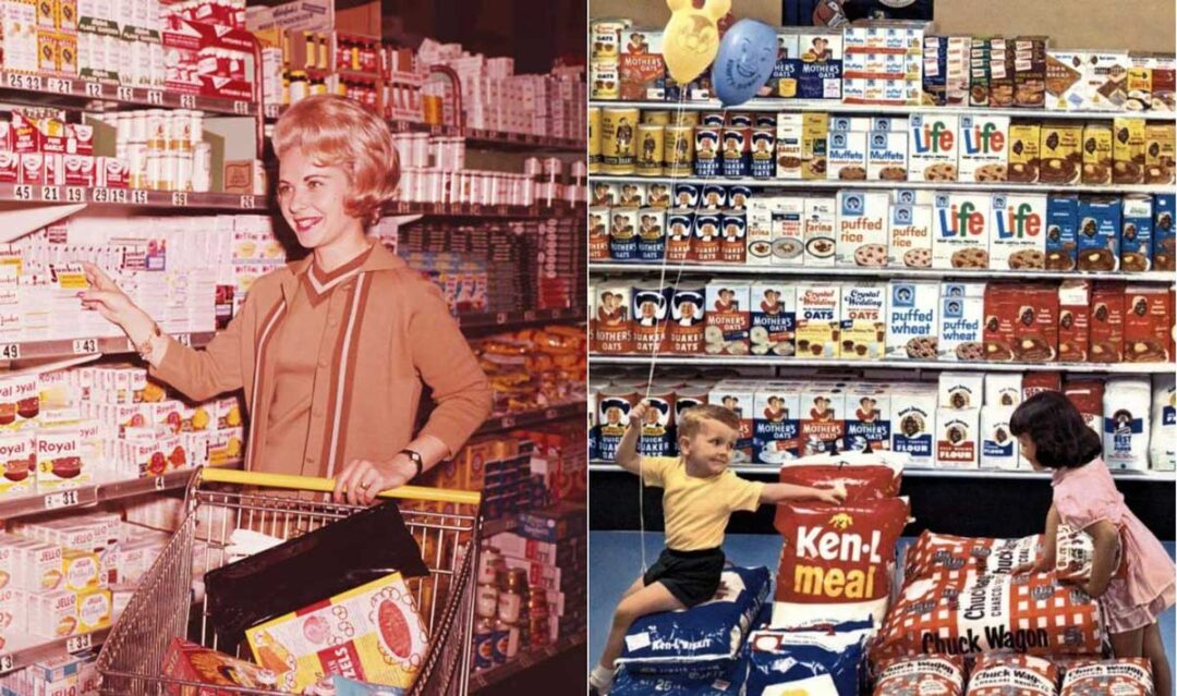 Split image: Left shows a woman shopping in a 1960s grocery store aisle, smiling by shelves of boxed goods. Right shows two children in front of stacked bags with a wall of colorful cereal boxes behind them.