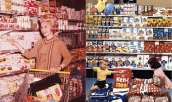Split image: Left shows a woman shopping in a 1960s grocery store aisle, smiling by shelves of boxed goods. Right shows two children in front of stacked bags with a wall of colorful cereal boxes behind them.