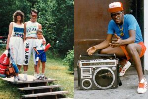 Split image: On the left, a family in vibrant 1980s clothing stands outdoors, smiling. On the right, a man in retro attire squats beside a large boombox, posing confidently on a city sidewalk.