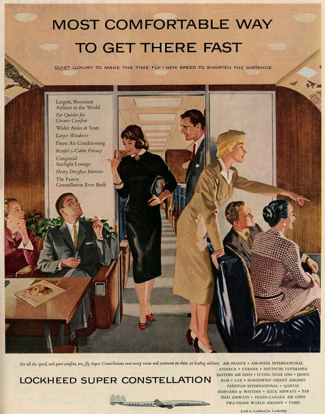 A stylish woman stands in the aisle of a vintage airplane, speaking to seated passengers. The cabin looks spacious and luxurious, with people dressed in 1950s attire. Text above advertises Lockheed Super Constellation air travel.