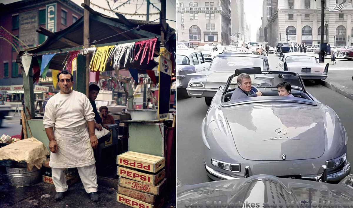 Split image: On the left, a vendor stands by a street food stall with colorful flags, Pepsi crates, and a young boy. On the right, a man and child sit in a classic convertible car in heavy city traffic.