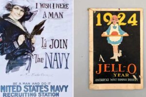 On the left, a vintage Navy recruiting poster features a woman in a sailor uniform. On the right, a 1924 Jell-O advertisement shows a girl in a blue dress holding a tray, with bold yellow and white text.