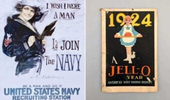 On the left, a vintage Navy recruiting poster features a woman in a sailor uniform. On the right, a 1924 Jell-O advertisement shows a girl in a blue dress holding a tray, with bold yellow and white text.
