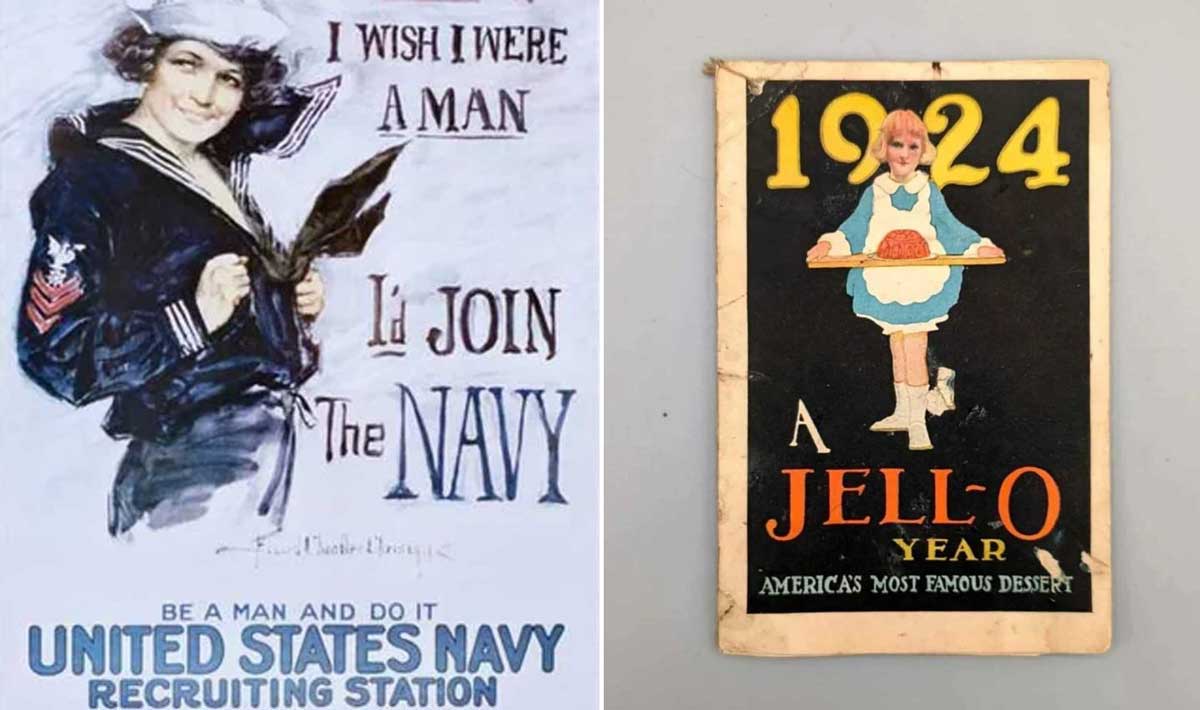 On the left, a vintage Navy recruiting poster features a woman in a sailor uniform. On the right, a 1924 Jell-O advertisement shows a girl in a blue dress holding a tray, with bold yellow and white text.
