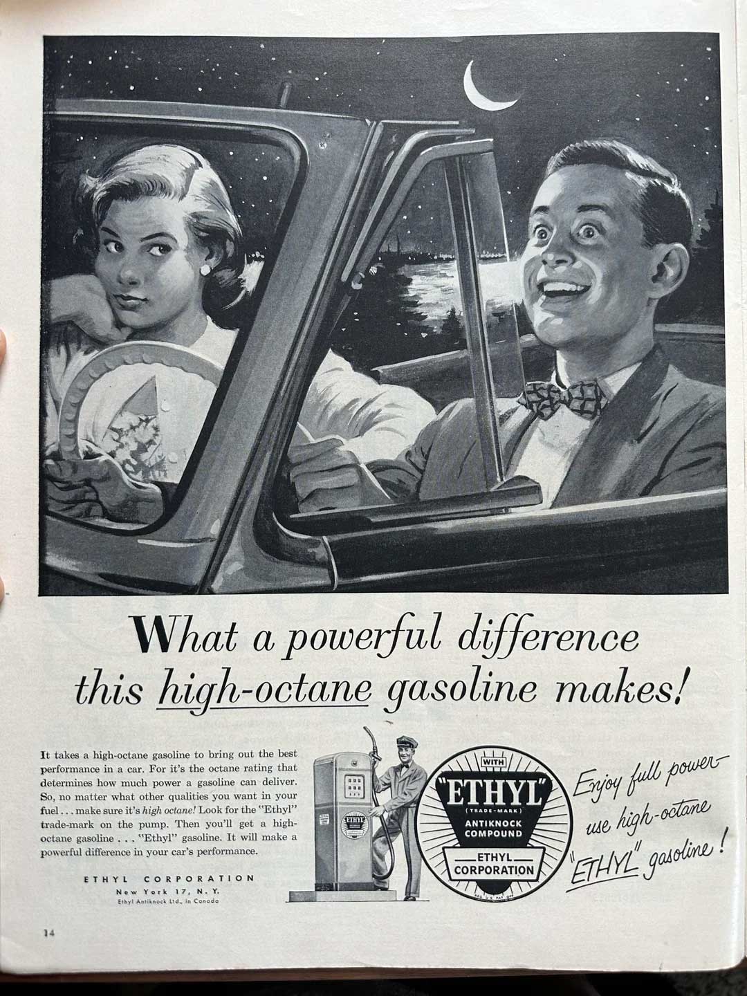 A woman and a man sit smiling in a car at night; the man looks especially excited. The ad promotes Ethyl high-octane gasoline, with a slogan and a drawing of a gasoline pump in the bottom right corner.