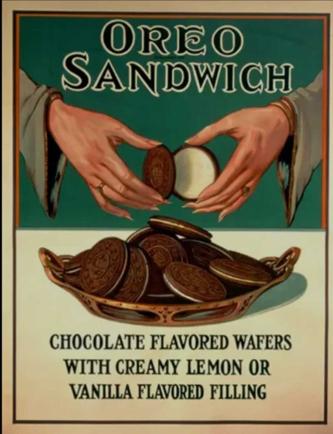 Vintage-style advertisement showing two hands twisting apart an Oreo cookie above a bowl of Oreo cookies. Text reads: "Oreo Sandwich: Chocolate flavored wafers with creamy lemon or vanilla flavored filling.