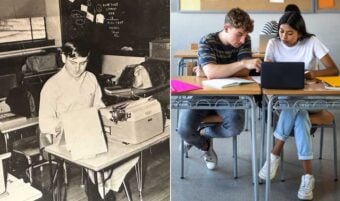Split image: On the left, a black-and-white photo shows a man using a typewriter in a classroom. On the right, two students sit at desks, collaborating and using a laptop in a modern classroom.