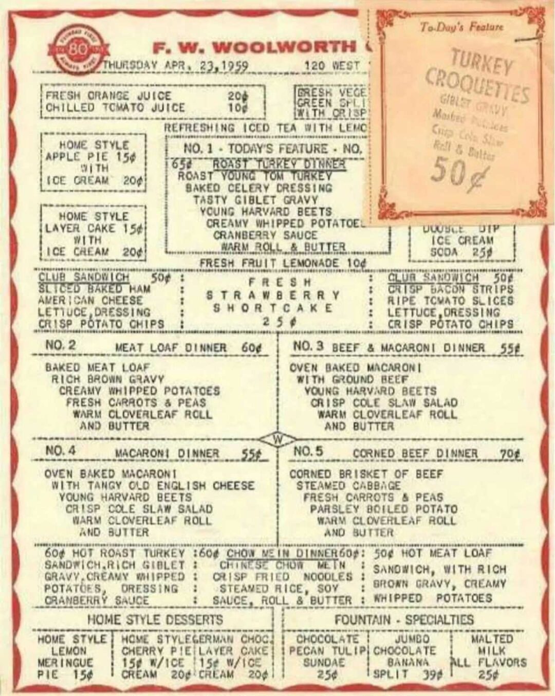 A vintage 1959 Woolworth menu lists various dinners, sandwiches, desserts, and drinks with prices, featuring turkey croquettes as the featured special for 50 cents. The menu is red and cream colored.