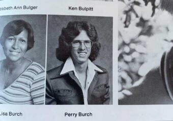 Black-and-white yearbook-style photos of three people, labeled Lisa Burch, Ken Bulpitt, and Perry Burch. Lisa smiles in a striped shirt; Ken and Perry wear glasses and collared shirts, with Perry in a jacket.