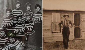 A vintage photo collage: on the left, seven women pose in striped sweaters; on the right, a man in old-fashioned clothes and a hat stands with hands on hips in front of a wooden building.