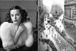 On the left, a glamorous woman in a white fur stole sits at a table. On the right, a black-and-white image shows a parade with crowds and a Mickey Mouse balloon in a city street.