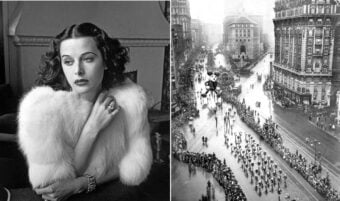 On the left, a glamorous woman in a white fur stole sits at a table. On the right, a black-and-white image shows a parade with crowds and a Mickey Mouse balloon in a city street.