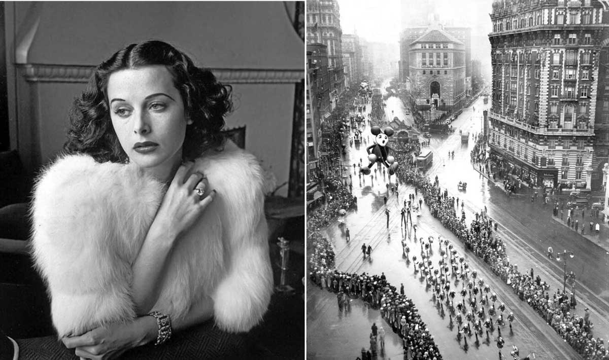 On the left, a glamorous woman in a white fur stole sits at a table. On the right, a black-and-white image shows a parade with crowds and a Mickey Mouse balloon in a city street.
