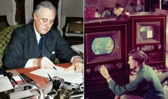 On the left, a man in a suit writes at a desk. On the right, a man crouches to adjust an old television while another man observes, with actors visible on a color TV screen.