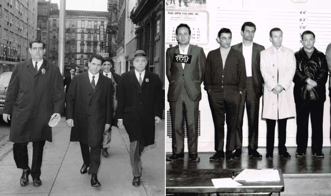 A split image: on the left, four men in suits and coats walk down a city street; on the right, six men stand in a police lineup against a height chart inside a room.