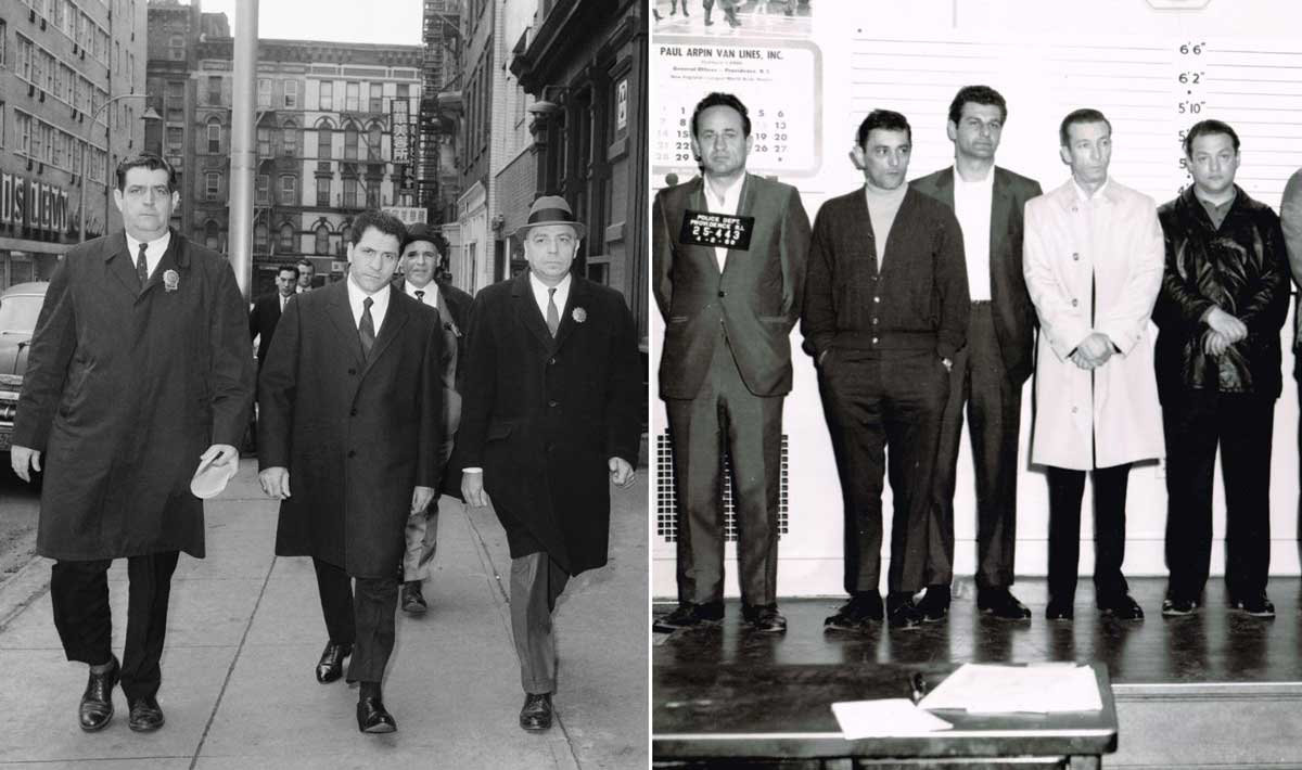 A split image: on the left, four men in suits and coats walk down a city street; on the right, six men stand in a police lineup against a height chart inside a room.