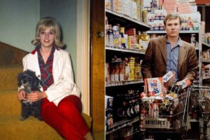A split image: on the left, a young woman in red pants and a white jacket sits on stairs with a small dog; on the right, a man in a supermarket stands beside a shopping cart filled with groceries.