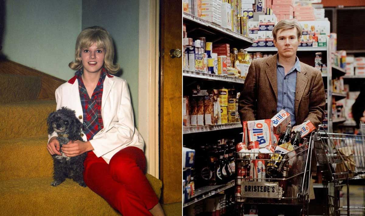 A split image: on the left, a young woman in red pants and a white jacket sits on stairs with a small dog; on the right, a man in a supermarket stands beside a shopping cart filled with groceries.