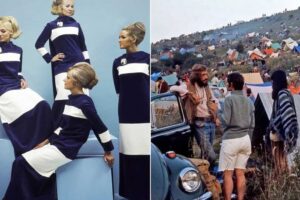 Left: Four women in matching navy blue and white color-blocked dresses pose against a blue backdrop. Right: People gather at an outdoor festival with tents and a Volkswagen Beetle on a grassy hillside.
