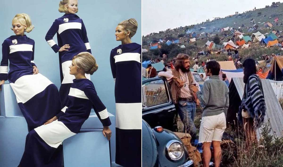 Left: Four women in matching navy blue and white color-blocked dresses pose against a blue backdrop. Right: People gather at an outdoor festival with tents and a Volkswagen Beetle on a grassy hillside.