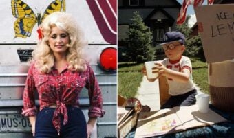 Left: Woman with big blonde hair, red plaid shirt, and dark pants stands in front of a bus with a butterfly design. Right: Young boy wearing glasses and a cap sells lemonade at a stand on a sunny day.