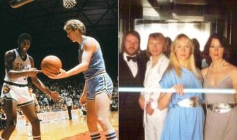 Split image: left side shows two basketball players in action on the court, one in dark and one in light uniforms; right side shows four people posing indoors in formal and stylish outfits, likely from the 1970s or 1980s.